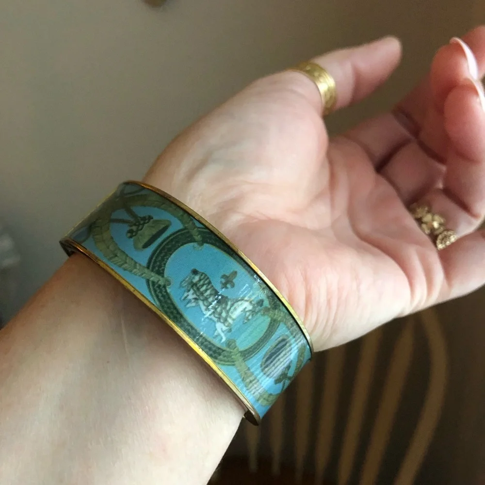 Stylish Gold and Teal Hinged Bangle Bracelet
